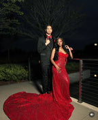Ruby Heiress Hand Beaded Crimson Mermaid Gown With Crystal Encrusted Hooded Veil