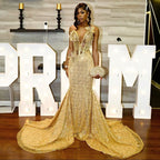 24K Gold Sequined Corset Mermaid Prom Dress With 3D Florals
