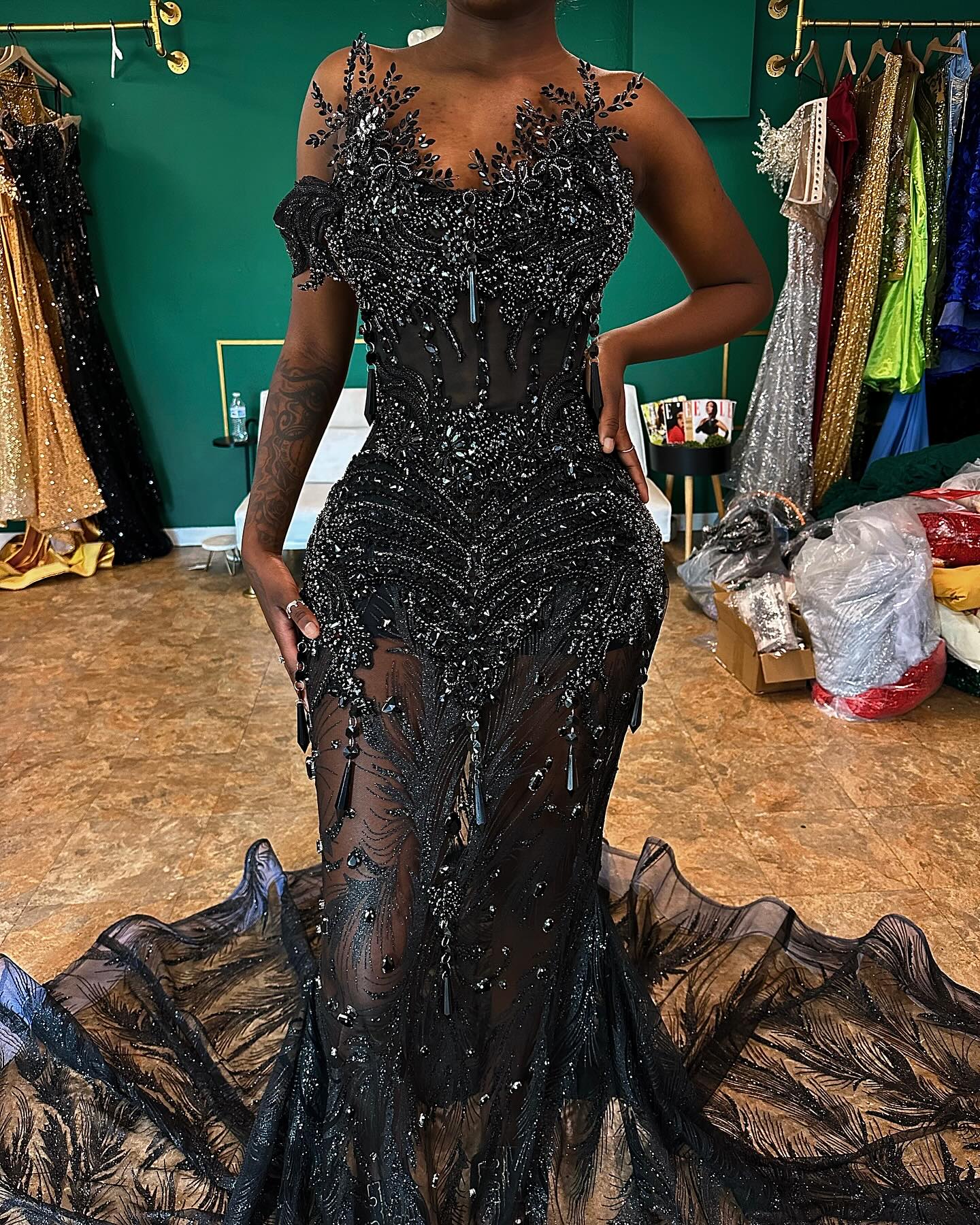 Black Beaded Mermaid Prom Dress With 3D Floral Appliques And Ruffle Train