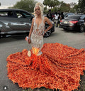 Orange Flame Crystal Beaded Mermaid Prom Dress With Massive 3D Petal Train