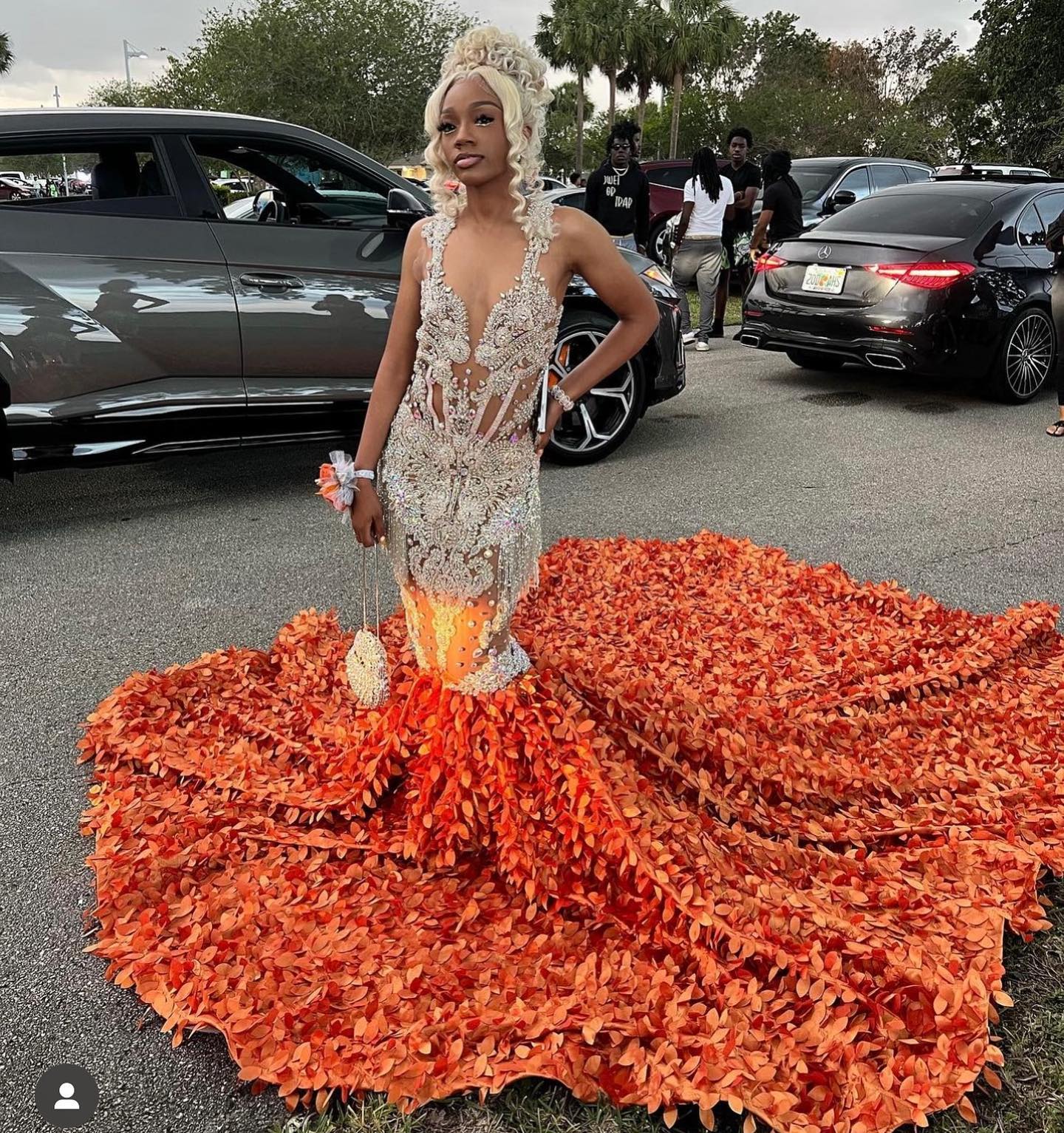 Orange Flame Crystal Beaded Mermaid Prom Dress With Massive 3D Petal Train