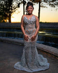Art Deco Beaded Prom Dress With Lace Up Back And 3D Florals
