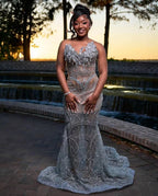 Art Deco Beaded Prom Dress With Lace Up Back And 3D Florals