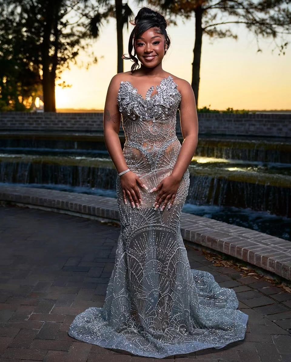 Art Deco Beaded Prom Dress With Lace Up Back And 3D Florals