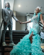 Tiffany Blue Crystal Mermaid Gown With 3D Leaf Bodice And Tiered Prom Dress