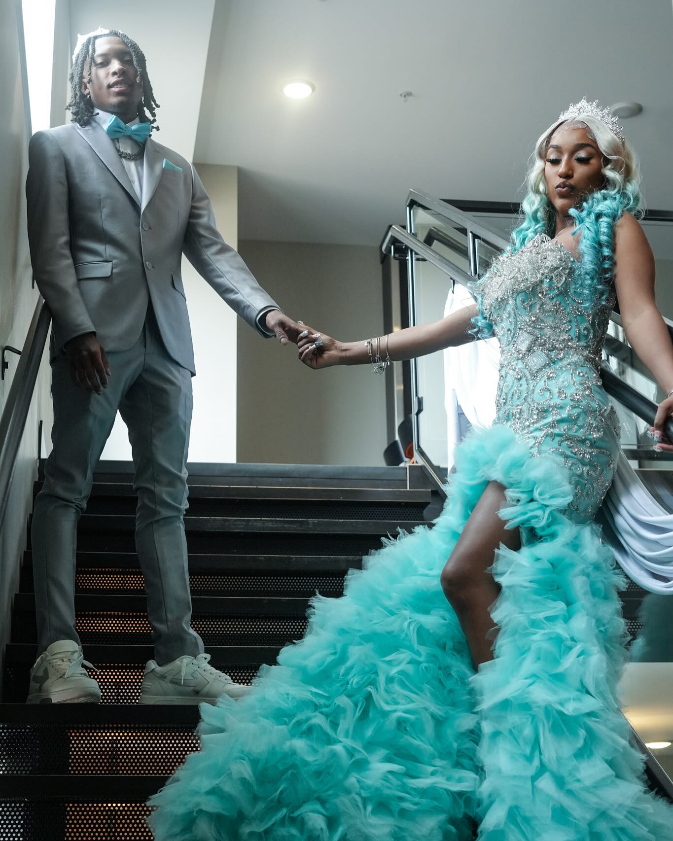 Tiffany Blue Crystal Mermaid Gown With 3D Leaf Bodice And Tiered Prom Dress
