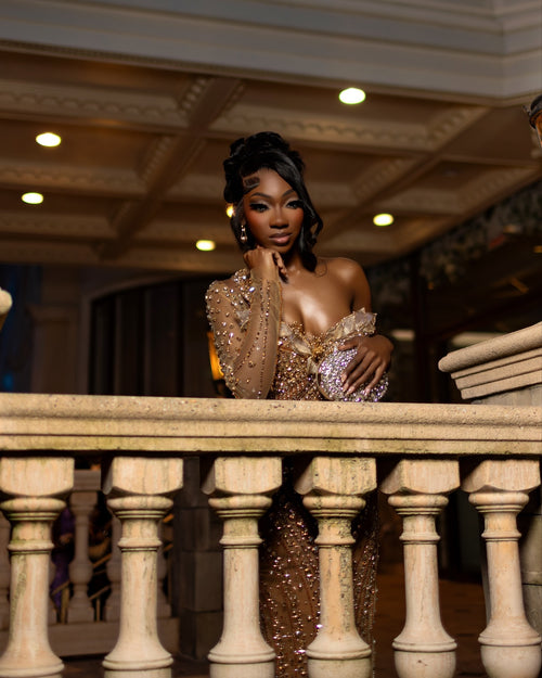 2026 Golden Hour Beaded Prom Dress Opulent Nude Gold Sequin Gown One Shoulder