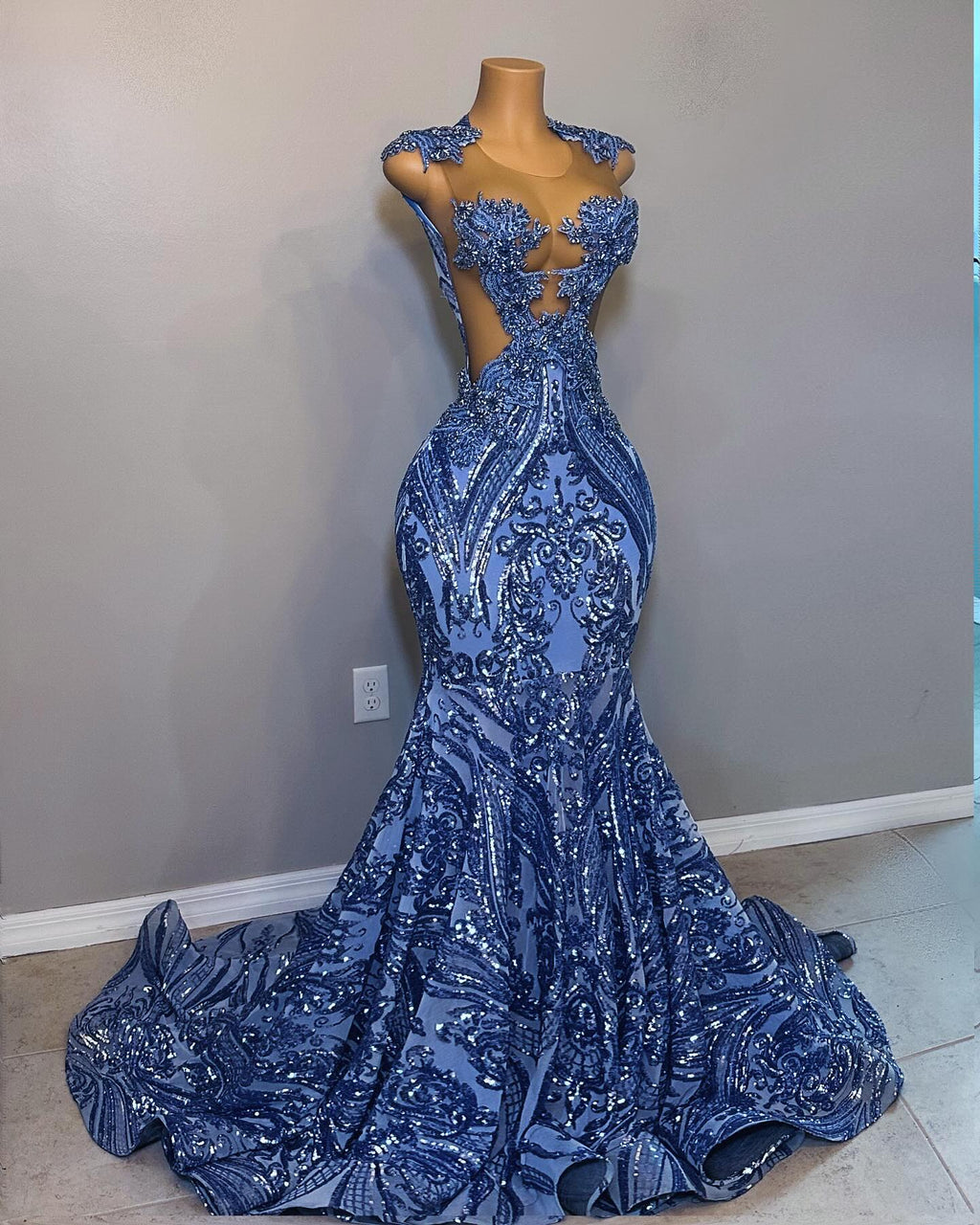 The Ocean Queen Royal Blue Crystal Lace Mermaid Gown Off Shoulder Straps