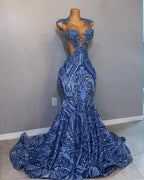 The Ocean Queen Royal Blue Crystal Lace Mermaid Gown Off Shoulder Straps