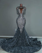 Midnight Starlight 2026 Silver Black Crystal Fringe Mermaid Gown Plunging V Neck