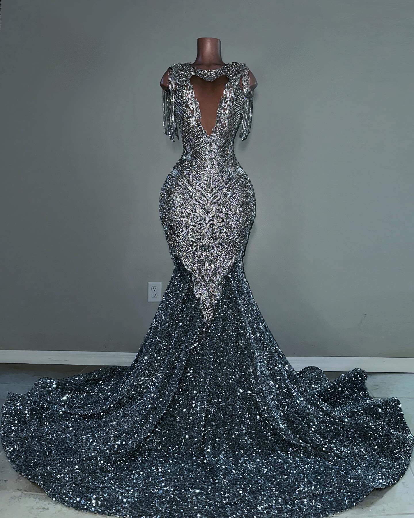 Midnight Starlight 2026 Silver Black Crystal Fringe Mermaid Gown Plunging V Neck