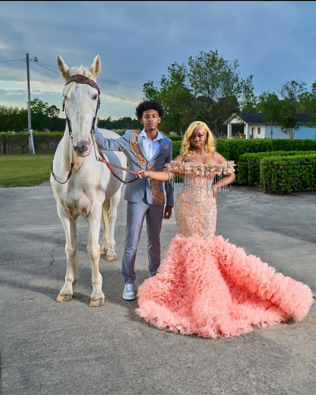 Peach Sunset Crystal Mermaid Gown Off Shoulder Fringe Prom Dress 2026