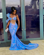Blue Butterfly Beaded Mermaid Gown With One Shoulder Lace Applique