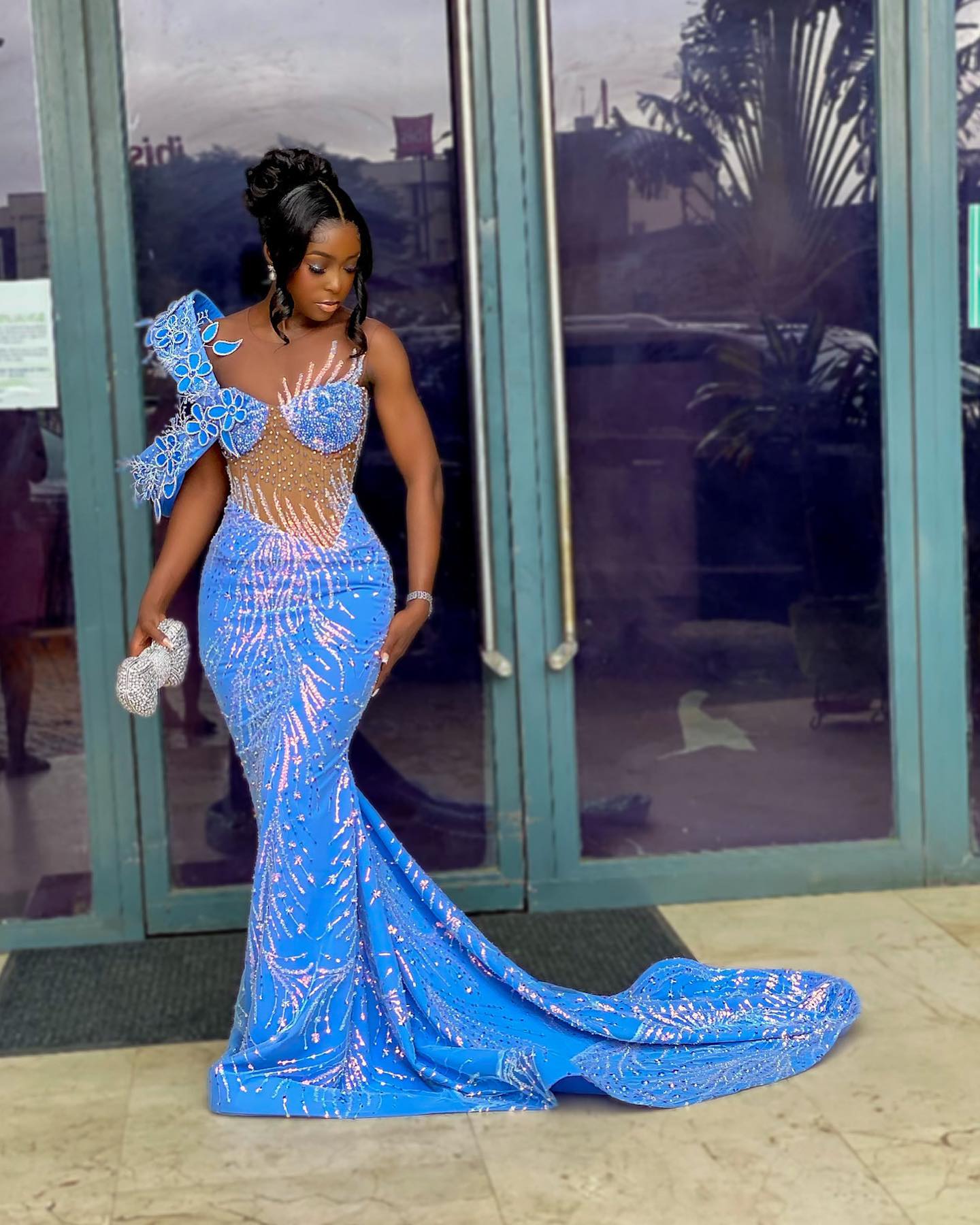 Blue Butterfly Beaded Mermaid Gown With One Shoulder Lace Applique
