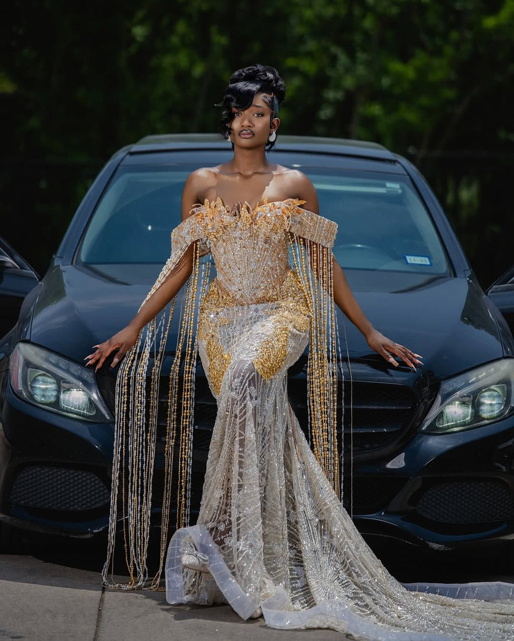 Champagne Gold Beaded Mermaid Gown Off Shoulder Dramatic Fringe Cape Mesh Panels