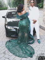 Emerald Green Sequin Prom Dress With Detachable Sleeves And Sweetheart Neckline