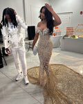 Champagne Elegance Crystal Pearl Beaded Mermaid Gown 3D Floral Lace Neckline