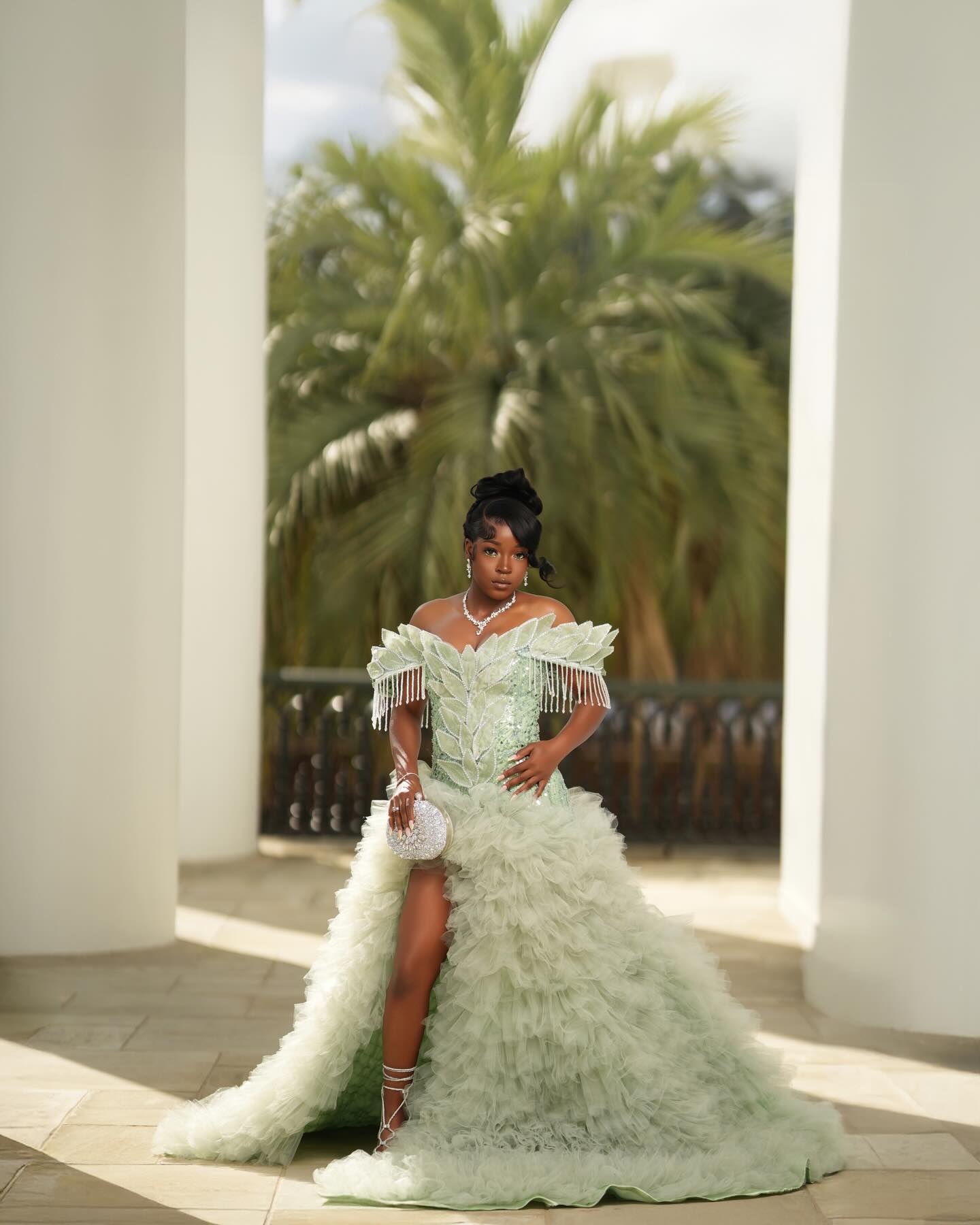 Mint Green Off Shoulder Sequin Beaded Prom Dress With 3D Leaf Applique Train