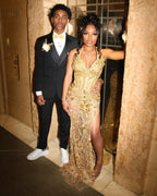 Golden Elegance Sheer Beaded Mermaid Prom Dress With Deep V Neckline High Slit