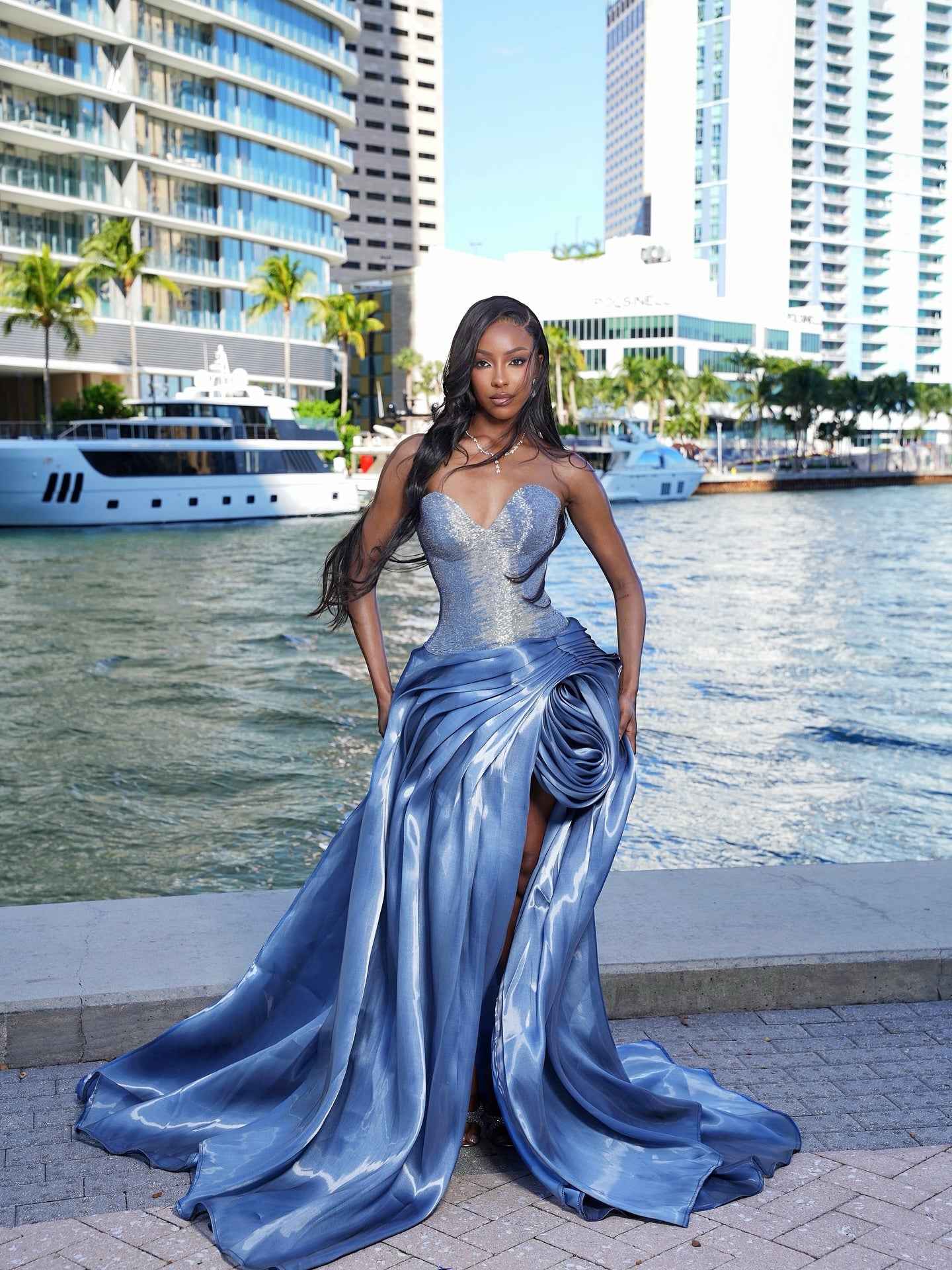Azure Elegance Sequined Gown With Detachable Overskirt Dramatic Train