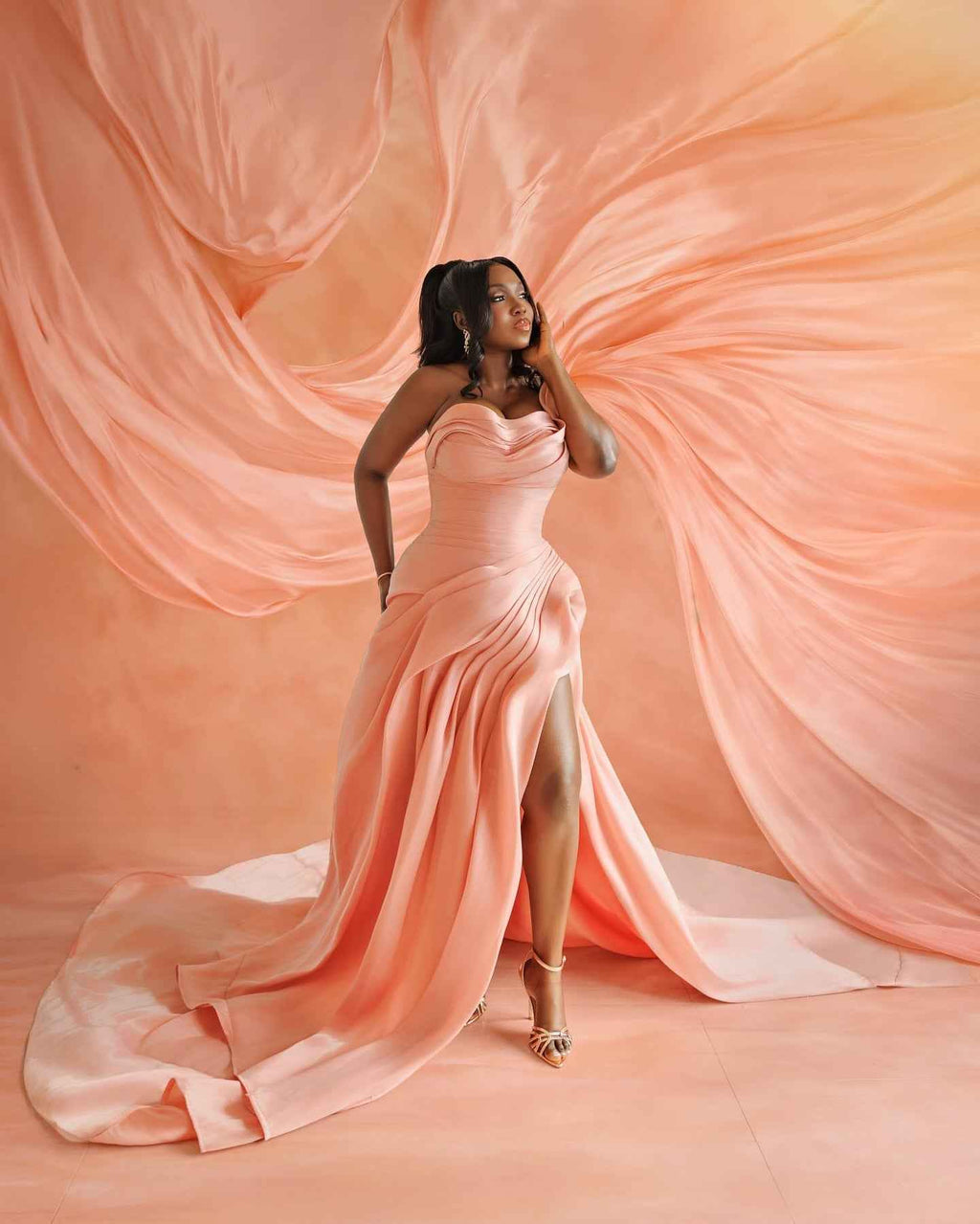 Coral Sunset Draped Satin Mermaid Prom Dress With High Slit