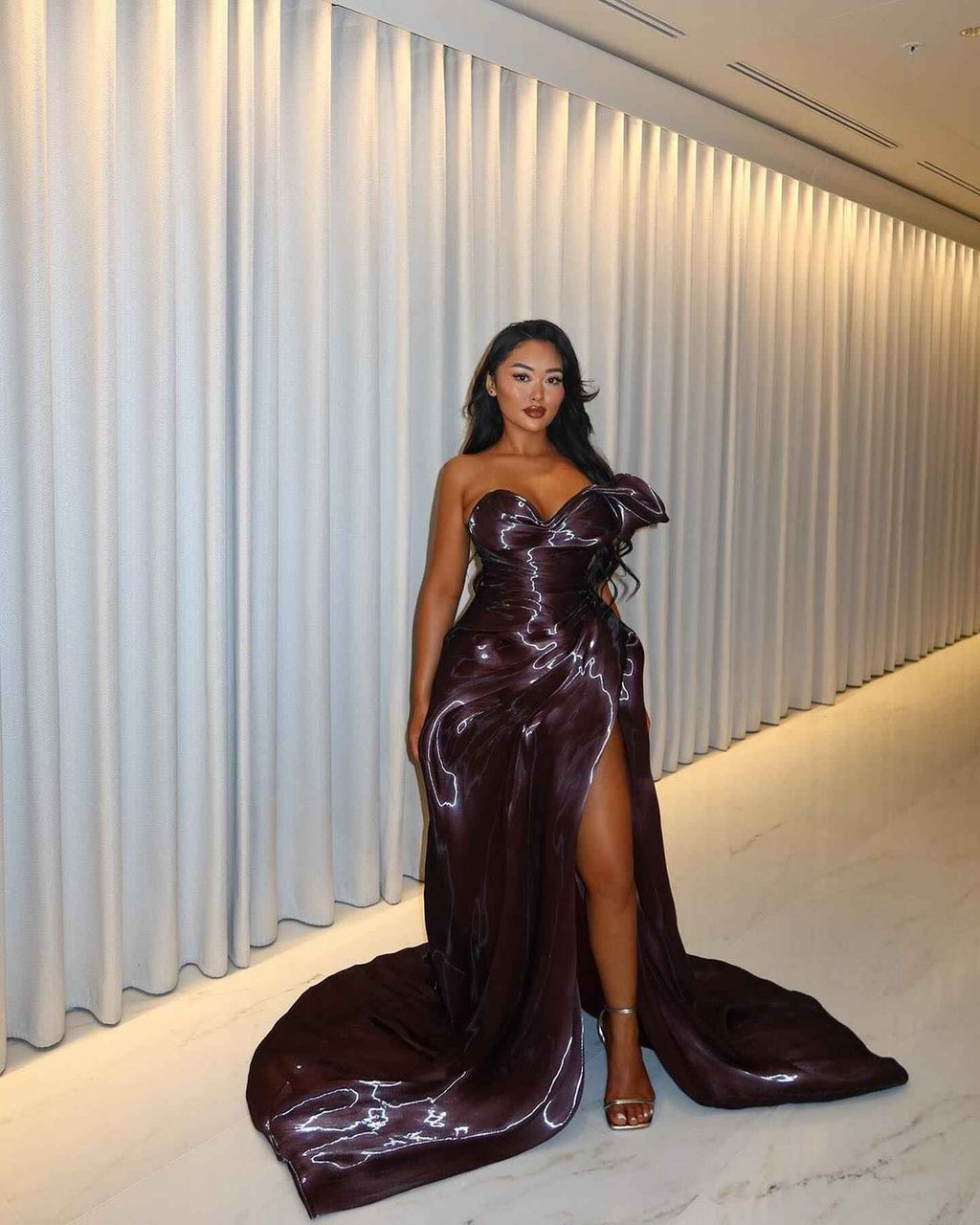Electric Storm Burgundy Satin Prom Dress With Bow Detail And Lightning Print
