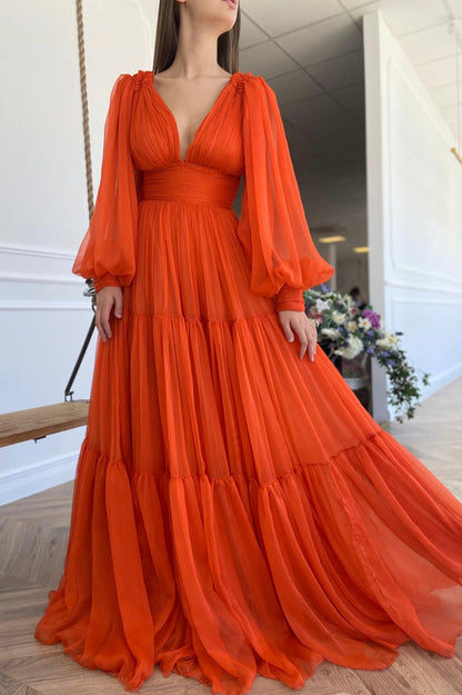 Bodenlanges Chiffon-Ballkleid, langärmliges Abendpartykleid