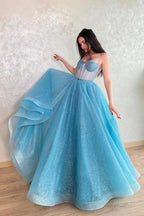 Tulle Long A-Line Prom Dress, Blue Lace-Up Evening Dress with Corset