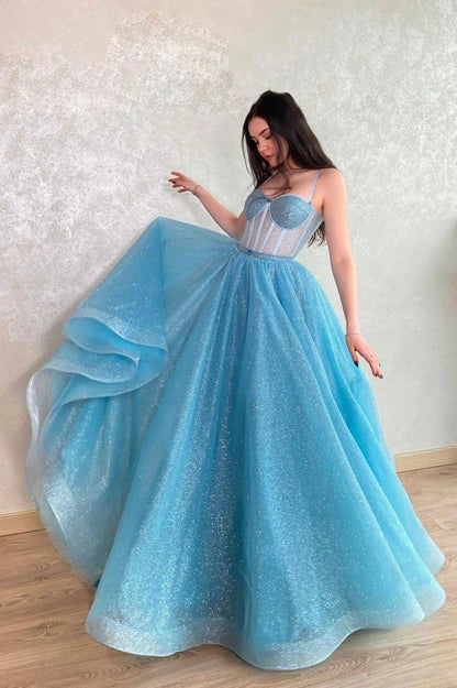 Vestido de fiesta largo de tul con corte A, vestido de noche azul con cordones y corsé