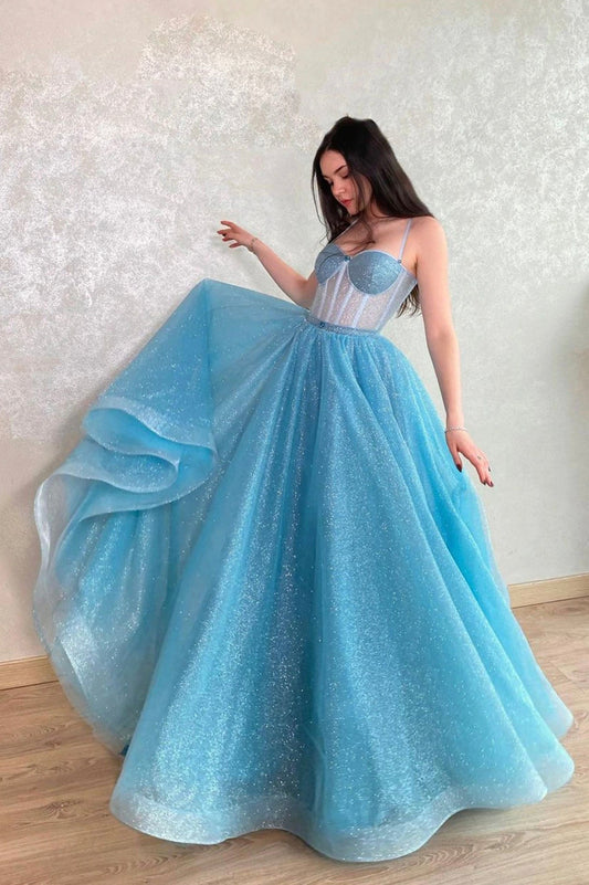 Langes A-Linien-Ballkleid aus Tüll, blaues Abendkleid mit Schnürung und Korsett