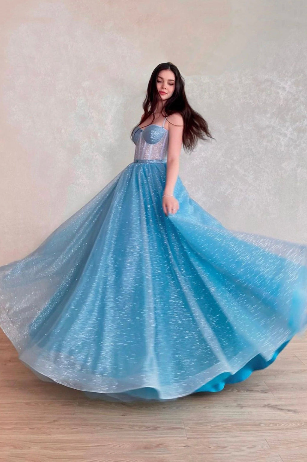 Tulle Long A-Line Prom Dress, Blue Lace-Up Evening Dress with Corset