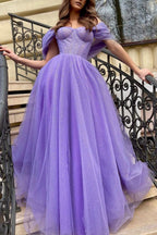 Tulle Long A-Line Prom Dress Off the Shoulder Evening Party Dress