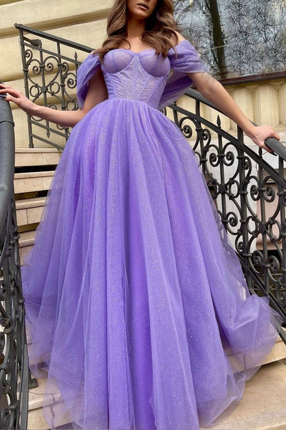 Vestido de fiesta largo de tul con corte A y hombros descubiertos para noche