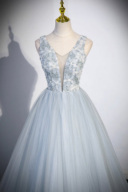 Vestido de fiesta largo de tul con escote en V, color gris