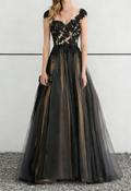 Robe longue de bal en dentelle noire et tulle champagne avec dos ouvert