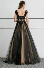 Robe longue de bal en dentelle noire et tulle champagne avec dos ouvert
