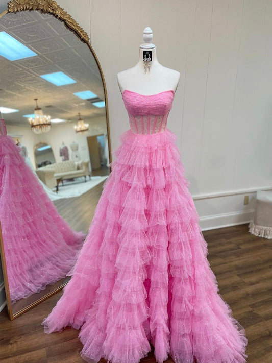 Roycebridal Aubriella | Vestido de fiesta de tul brillante con volantes, corte A y corsé sin tirantes