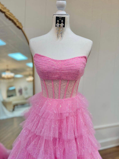 Roycebridal Aubriella | Vestido de fiesta de tul brillante con volantes, corte A y corsé sin tirantes