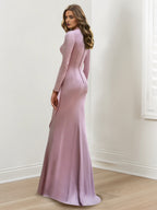 Crepe Beaded Floorlength V Neck Long Sleeve Sheath Dress for Mother of the Bride