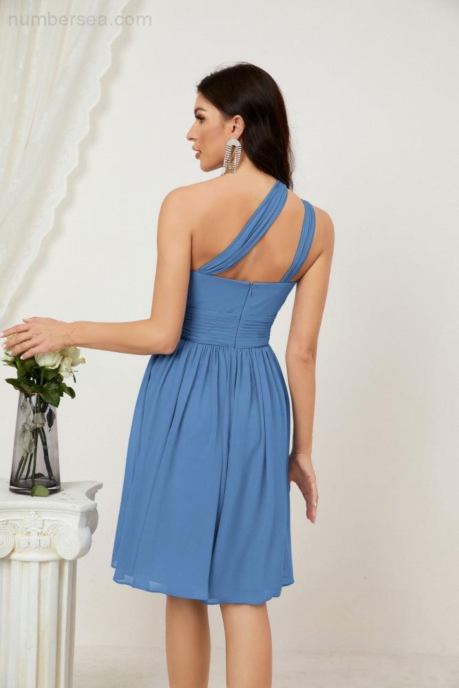 Numbersea Damen Chiffon Kurzes Ein-Schulter Brautjungfernkleid Festliche Kleider für Feier Heimkehr 2804