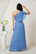 Abito da Sera Formale A-line con Spalla Singola e Balze in Chiffon, Spacco Laterale, per Damigelle, Modello 2809