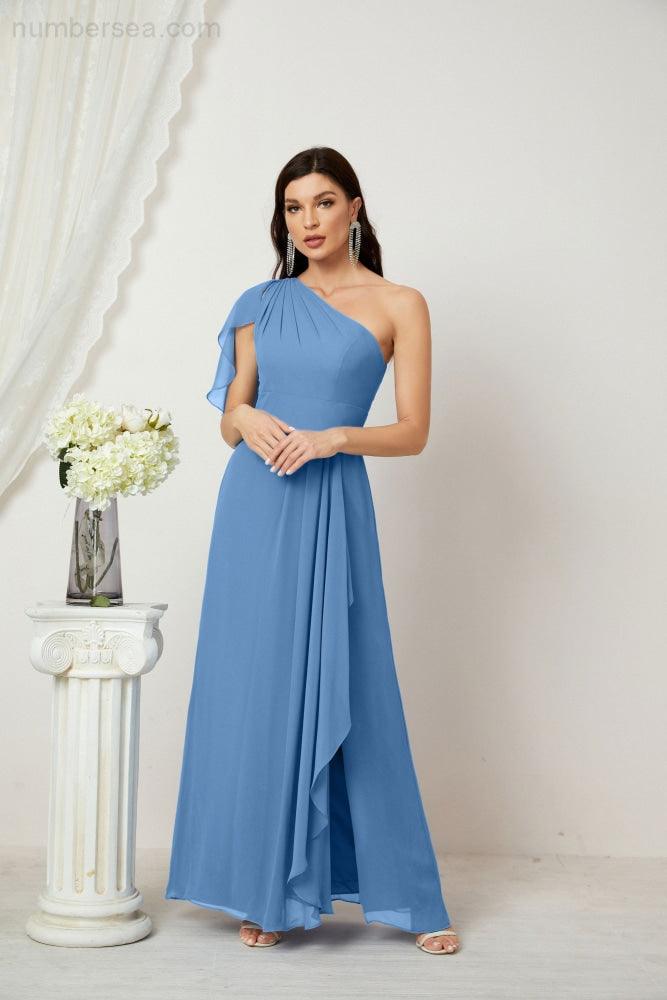 Abito da Sera Formale A-line con Spalla Singola e Balze in Chiffon, Spacco Laterale, per Damigelle, Modello 2809