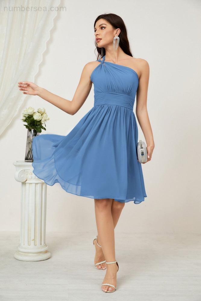 Numbersea Damen Chiffon Kurzes Ein-Schulter Brautjungfernkleid Festliche Kleider für Feier Heimkehr 2804