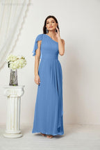 Abito da Sera Formale A-line con Spalla Singola e Balze in Chiffon, Spacco Laterale, per Damigelle, Modello 2809