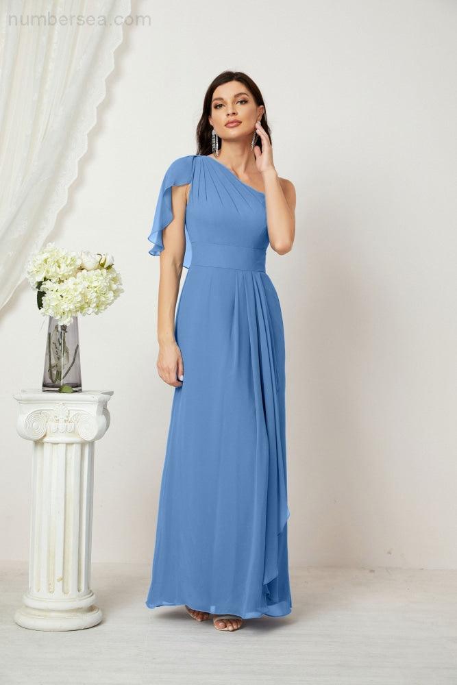 Abito da Sera Formale A-line con Spalla Singola e Balze in Chiffon, Spacco Laterale, per Damigelle, Modello 2809