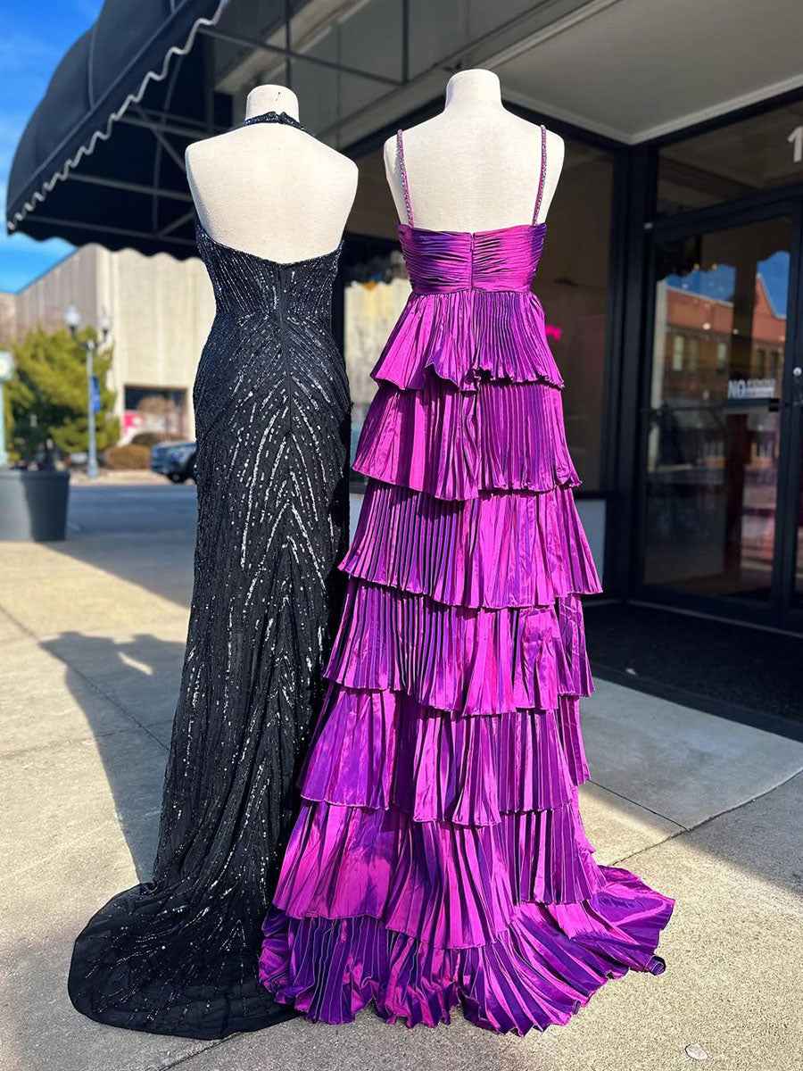 Purple Pleated Tiered Ruffle Prom Dress With Sweetheart Bodice