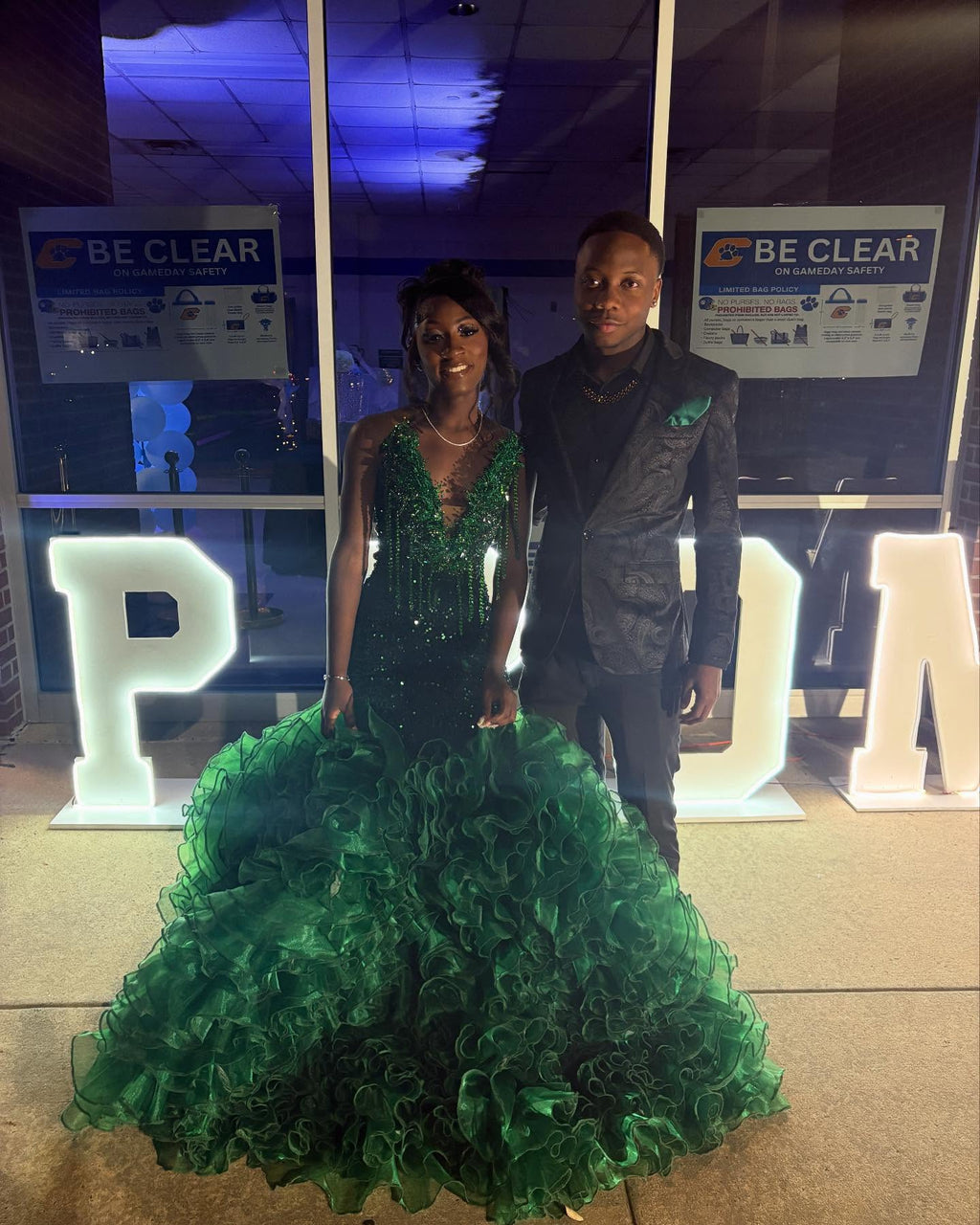 Emerald Forest Royale Sequin Mermaid Gown With Corset Back Cloud Ruffle Train