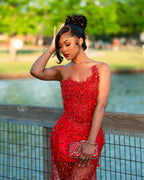 Red Sheer Illusion Beaded Mermaid Prom Dress With 3D Florals