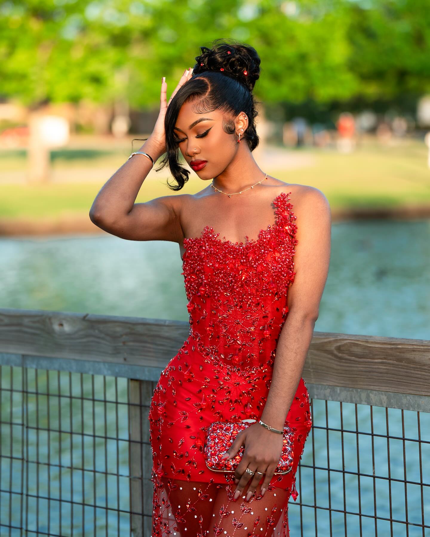 Red Sheer Illusion Beaded Mermaid Prom Dress With 3D Florals