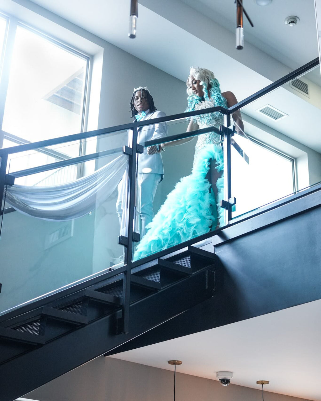 Tiffany Blue Crystal Mermaid Gown With 3D Leaf Bodice And Tiered Prom Dress